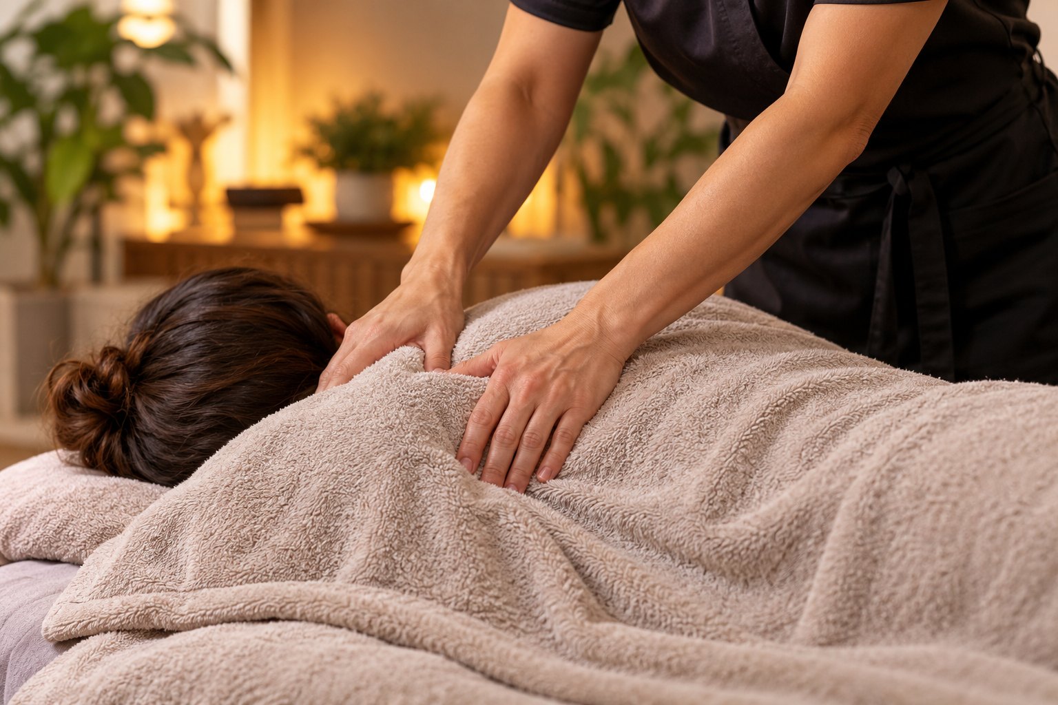 Therapist applying deep tissue massage over a towel-covered shoulder