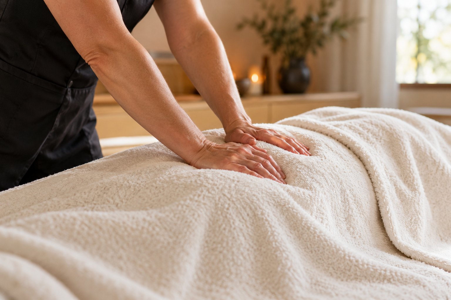 Deep tissue massage technique in a calm treatment room